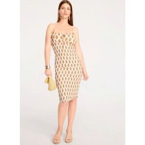 NWT J.Crew Women's Smocked Linen Midi Dress Gathered Floral Block Orange Sz 12